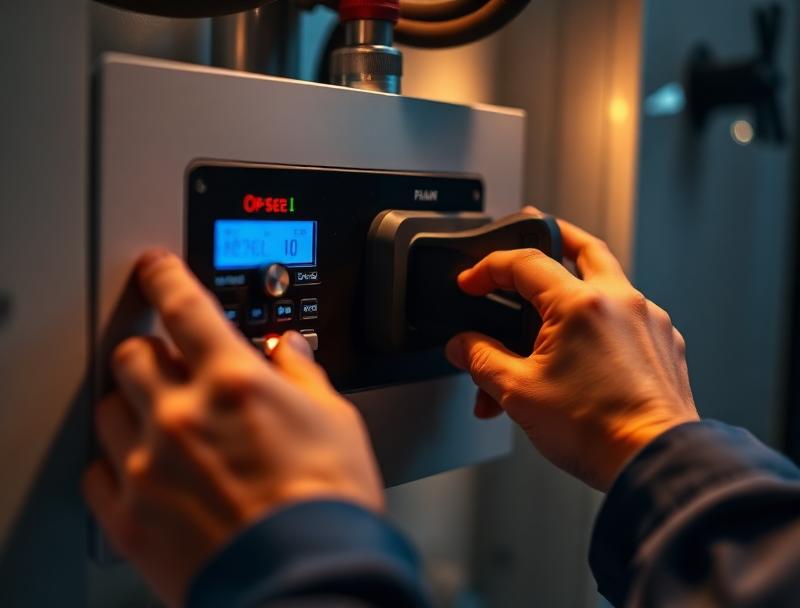 Technicien réparant le panneau de contrôle d'une chaudière en urgence